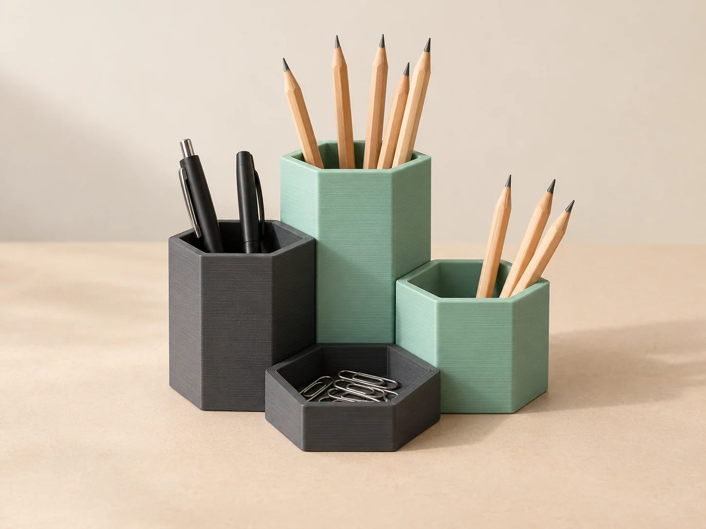 Organizador modular de escritorio en menta y carbón impreso en 3D