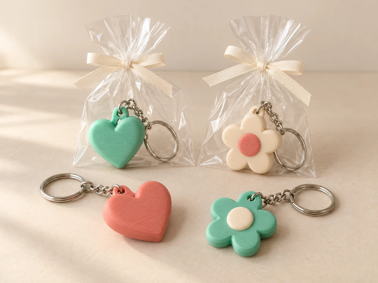 Llaveros de corazones y flores en colores pastel, preparados como recuerdos para invitados